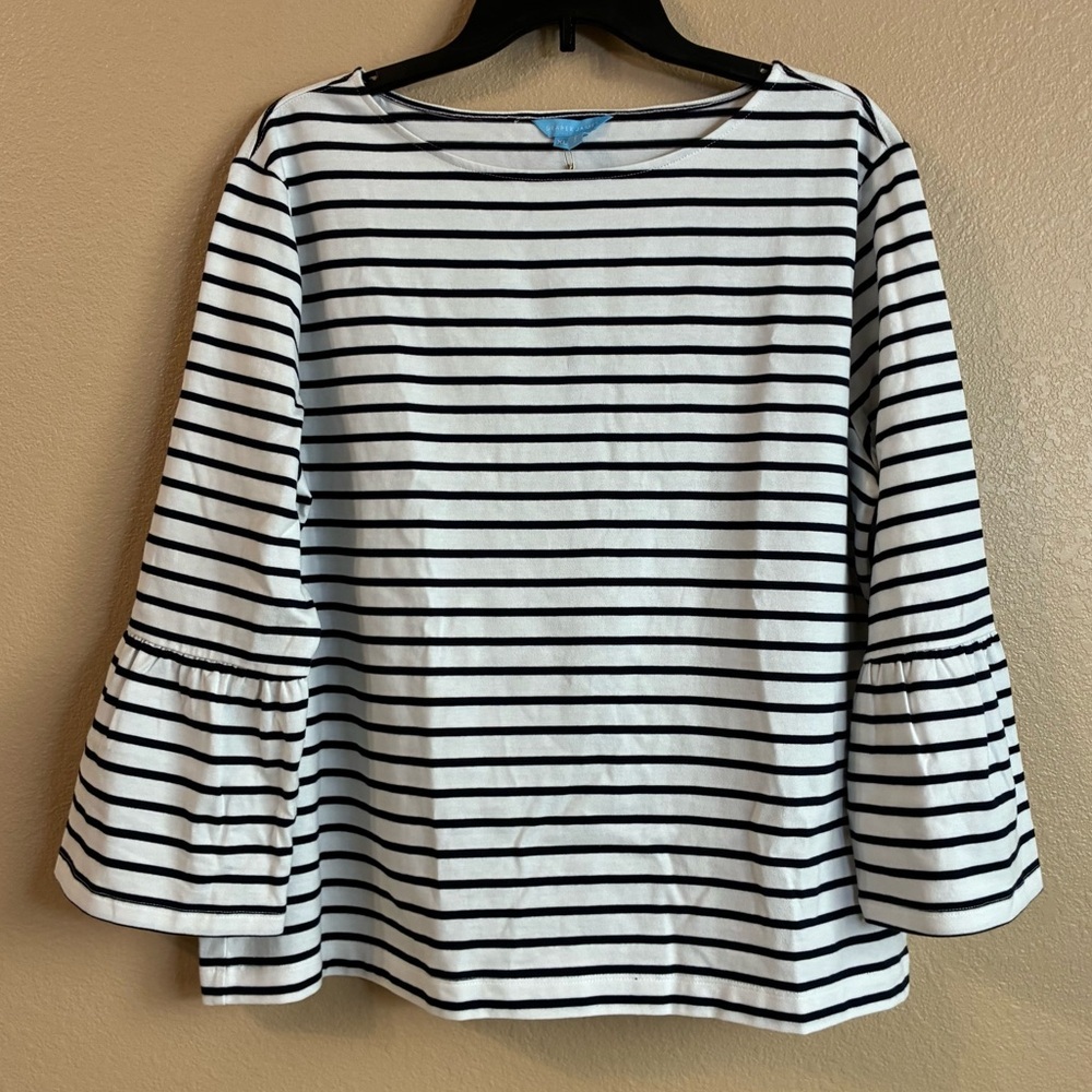 Draper James New Size XL Cotton Corey Bell Sleeve Top White Navy Nautical Stripe